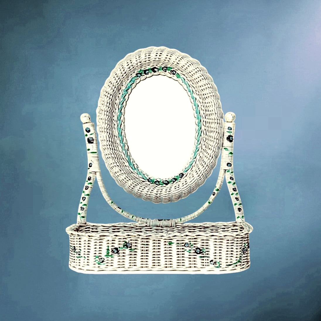 Miroir de Vanité en Rotin Tressé Blanc - Années 60