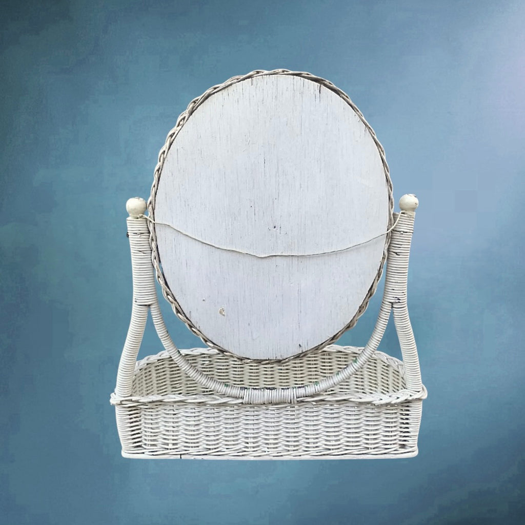 Miroir de Vanité en Rotin Tressé Blanc - Années 60