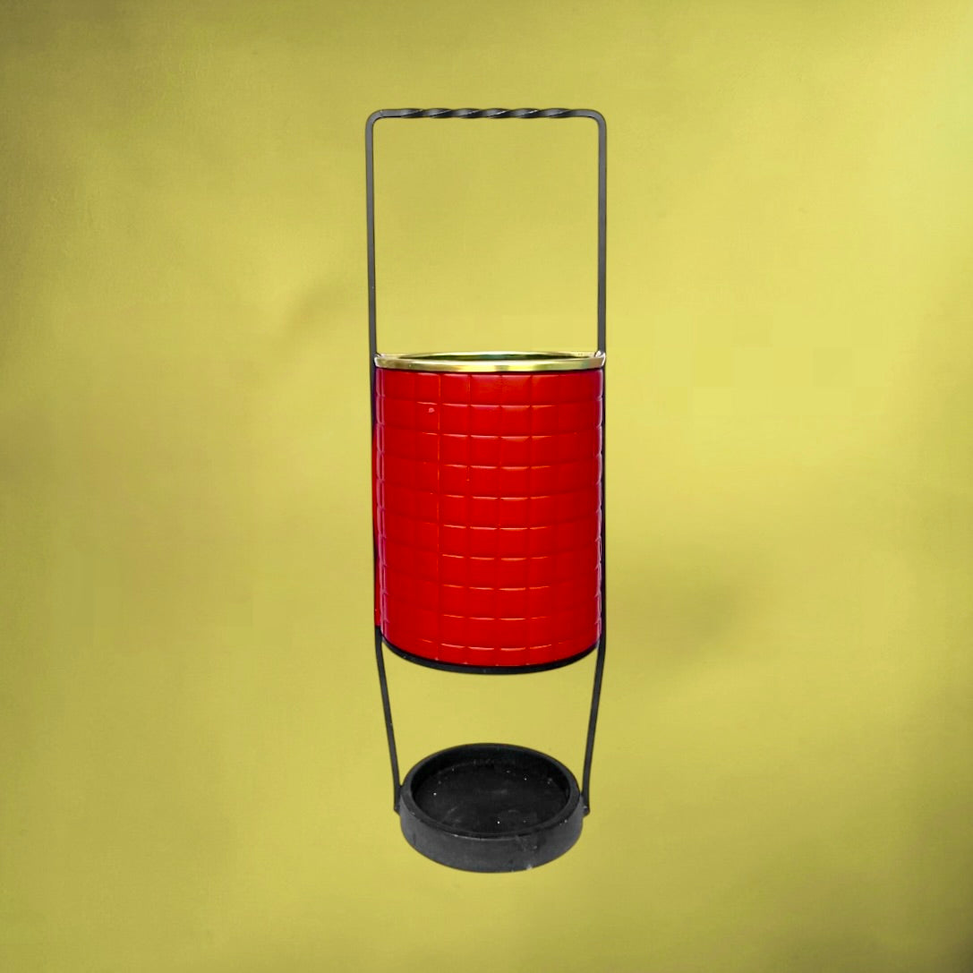 Porte-Parapluie  Métal Noir Skaï Rouge Quadrillé Poignée Torsadée Années 70