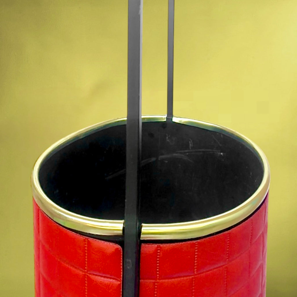 Porte-Parapluie  Métal Noir Skaï Rouge Quadrillé Poignée Torsadée Années 70