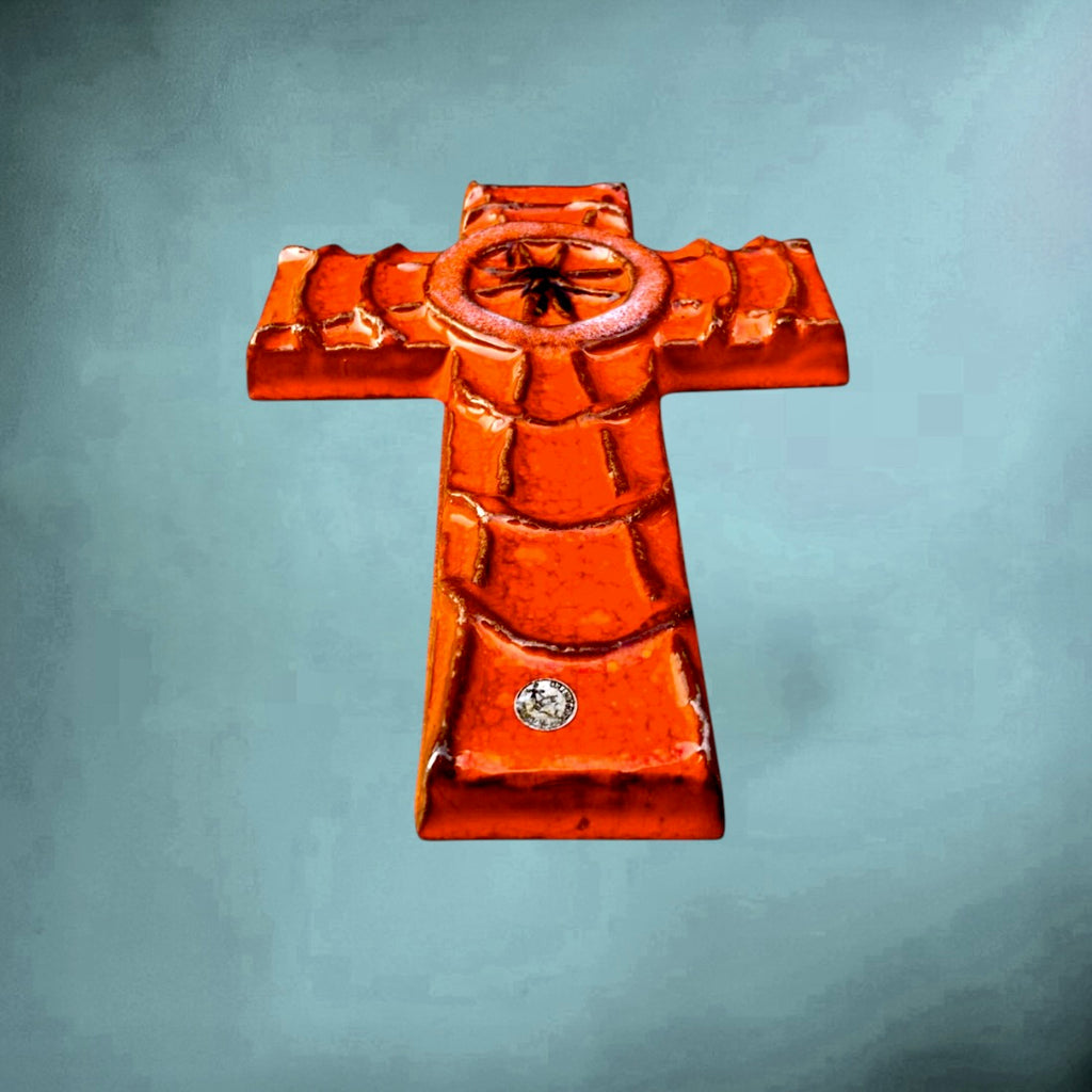 Croix Murale En Céramique Vernissée Rouge Motif Étoile Années 70