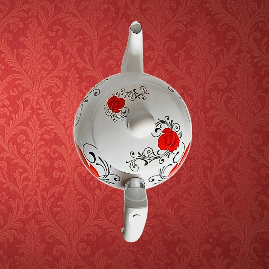 Bouilloire Ancienne En Tôle Émaillée Blanche À Roses Rouges Ikram Allemagne Années 70