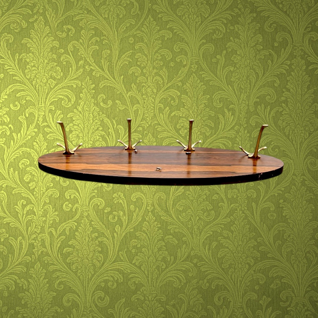 Portemanteau Mural Ovale Mid Century Bois Contreplaqué et Aluminium Doré