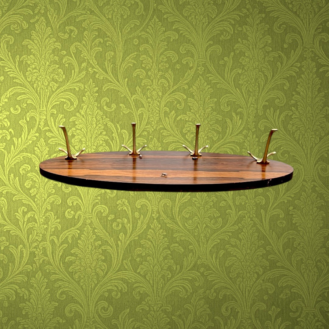 Portemanteau Mural Ovale Mid Century Bois Contreplaqué et Aluminium Doré