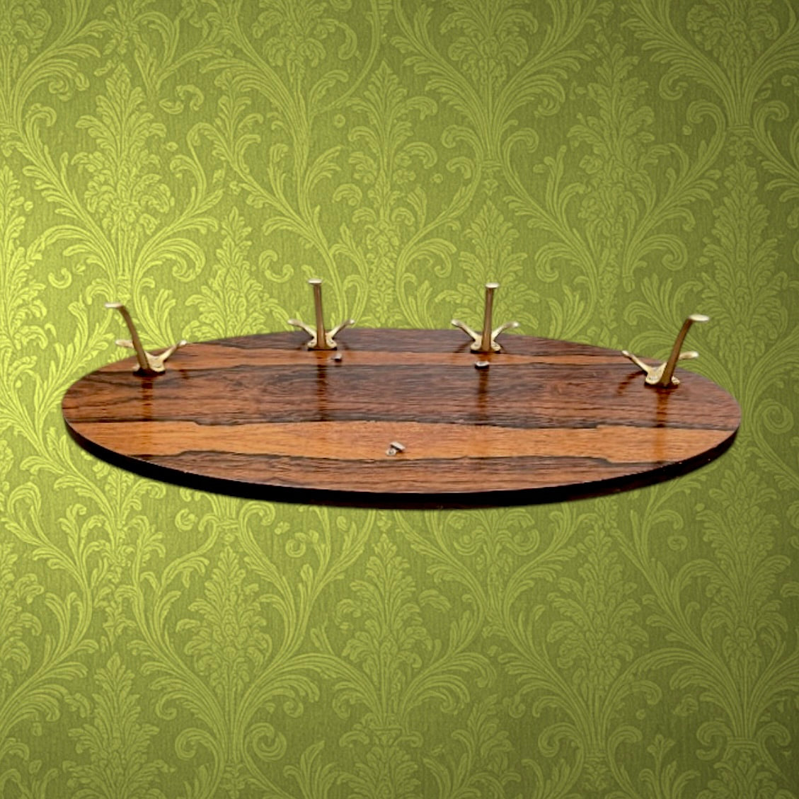 Portemanteau Mural Ovale Mid Century Bois Contreplaqué et Aluminium Doré