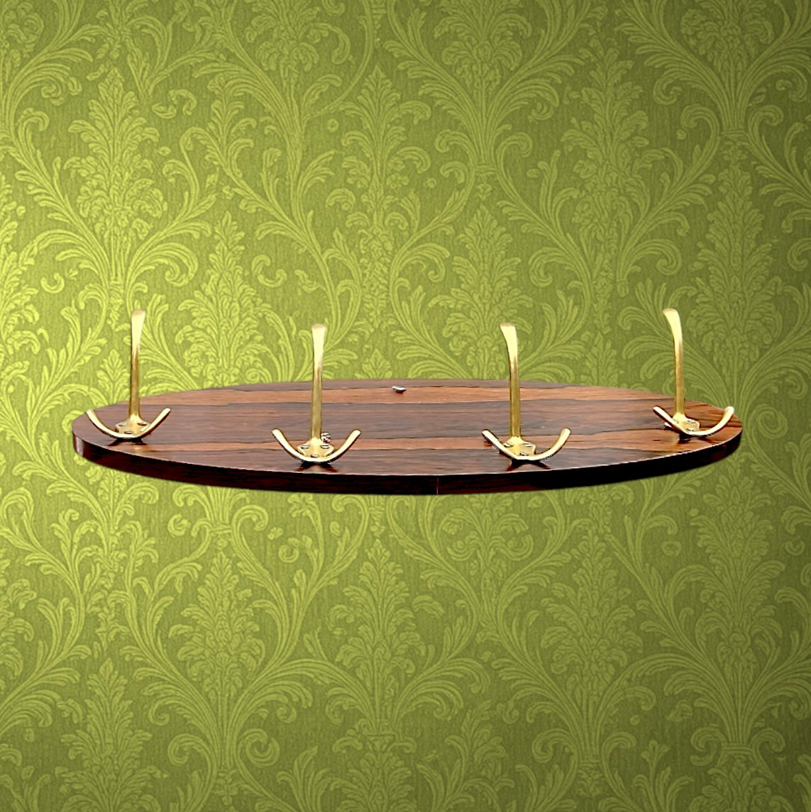 Portemanteau Mural Ovale Mid Century Bois Contreplaqué et Aluminium Doré
