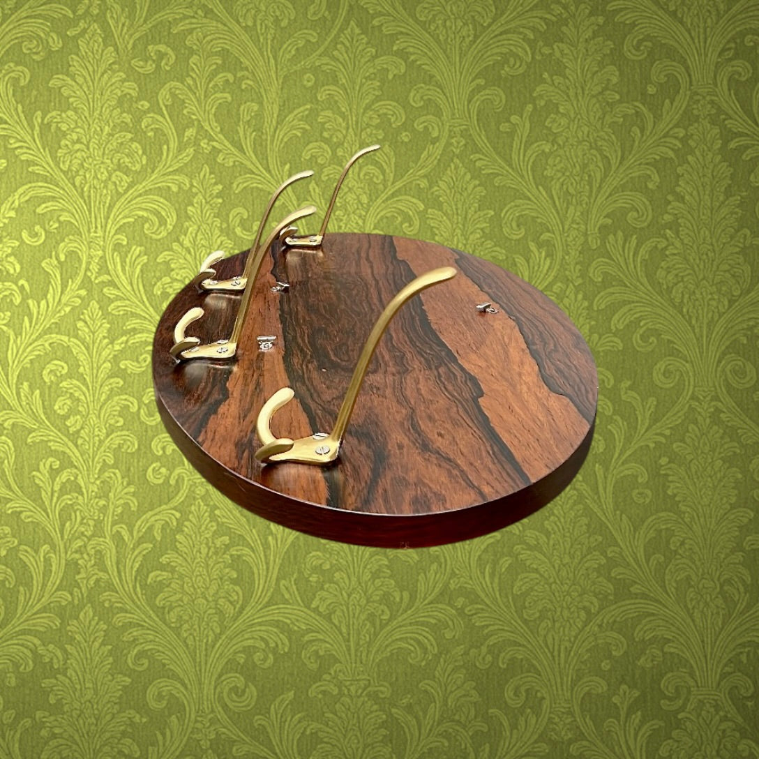Portemanteau Mural Ovale Mid Century Bois Contreplaqué et Aluminium Doré