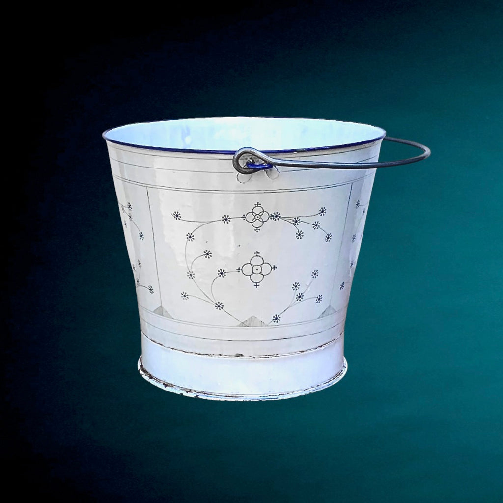 Seau Ancien En Tôle Émaillée Blanche Décor Floral Style Copenhague Années 40