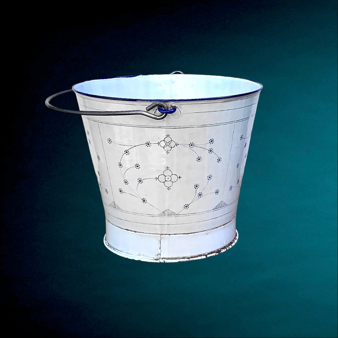 Seau Ancien En Tôle Émaillée Blanche Décor Floral Style Copenhague Années 40