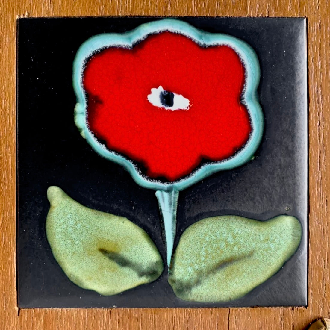 Portemanteau Mural en Bois Plaqué - Miroir - Carreau Céramique Fleur Rouge - Années 60