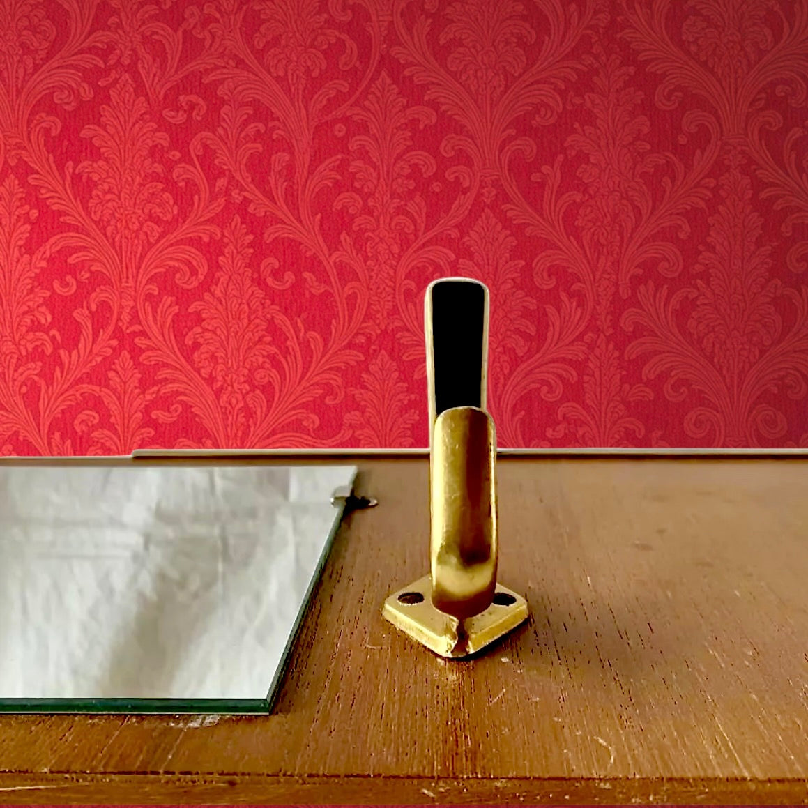 Portemanteau Mural en Bois Plaqué - Miroir - Carreau Céramique Fleur Rouge - Années 60