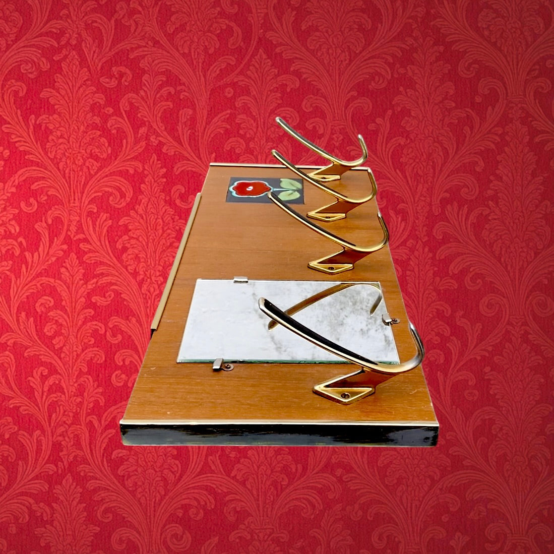 Portemanteau Mural en Bois Plaqué - Miroir - Carreau Céramique Fleur Rouge - Années 60