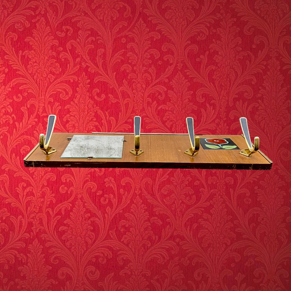 Portemanteau Mural en Bois Plaqué - Miroir - Carreau Céramique Fleur Rouge - Années 60