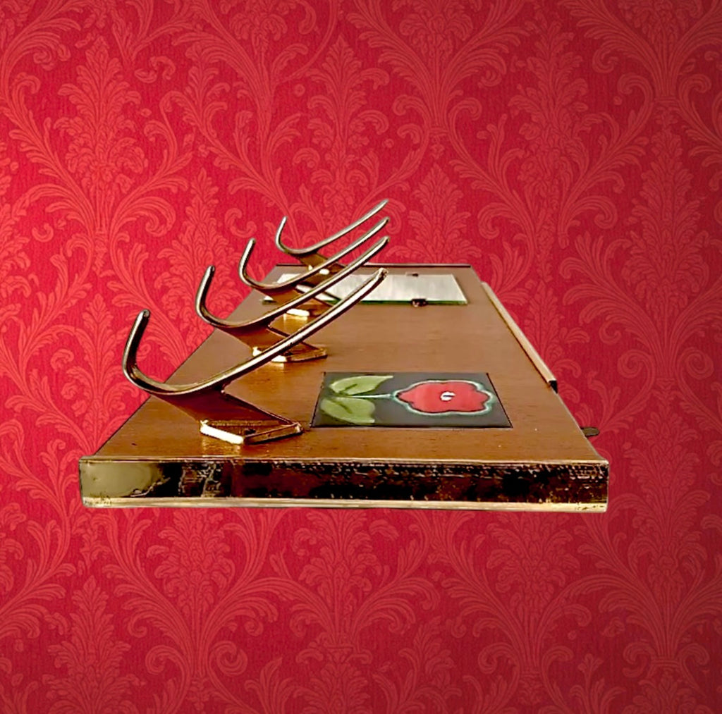 Portemanteau Mural en Bois Plaqué - Miroir - Carreau Céramique Fleur Rouge - Années 60