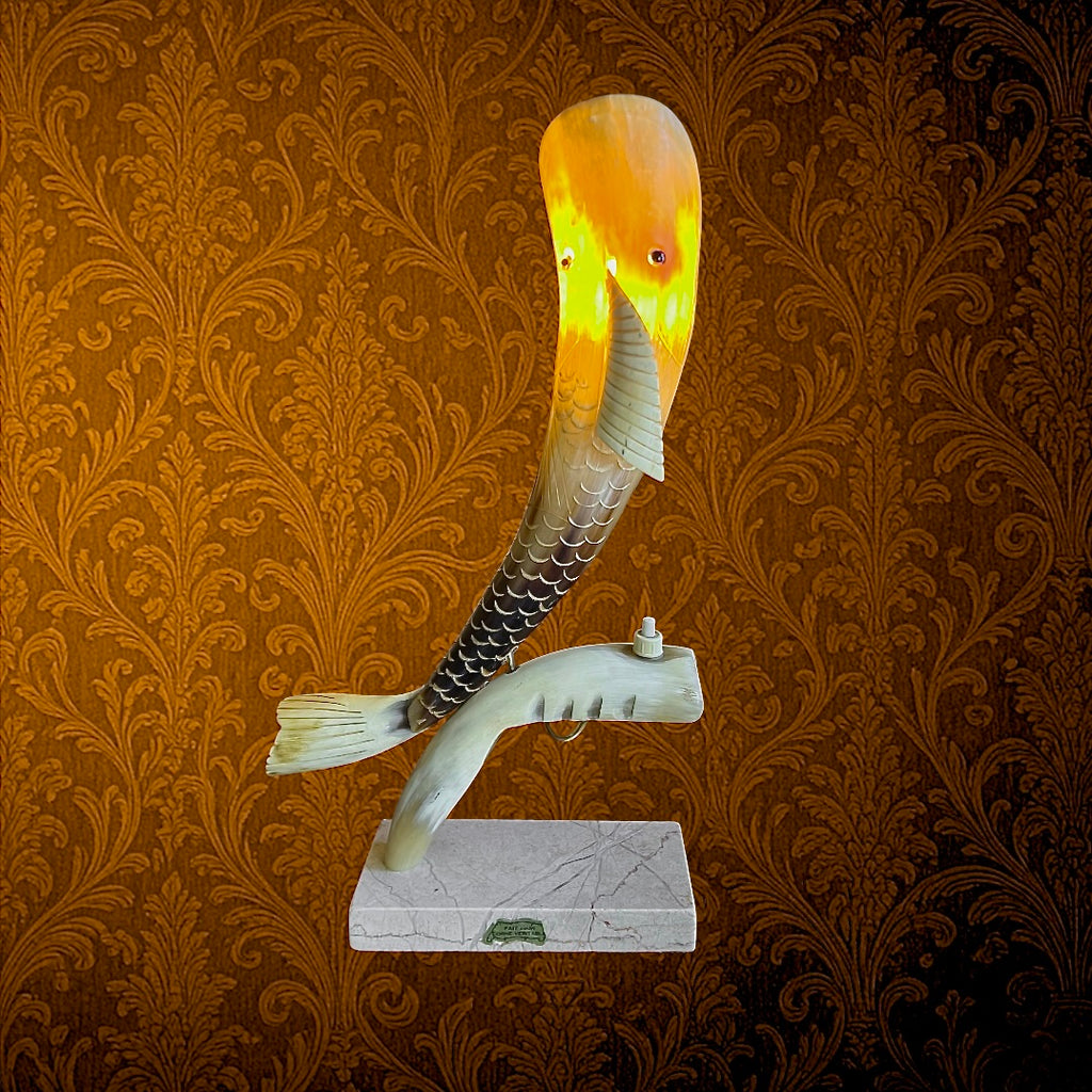 Ancienne Lampe Poisson en Corne sur Socle en Marbre - Années 60