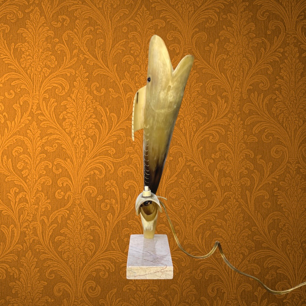 Ancienne Lampe Poisson en Corne sur Socle en Marbre - Années 60
