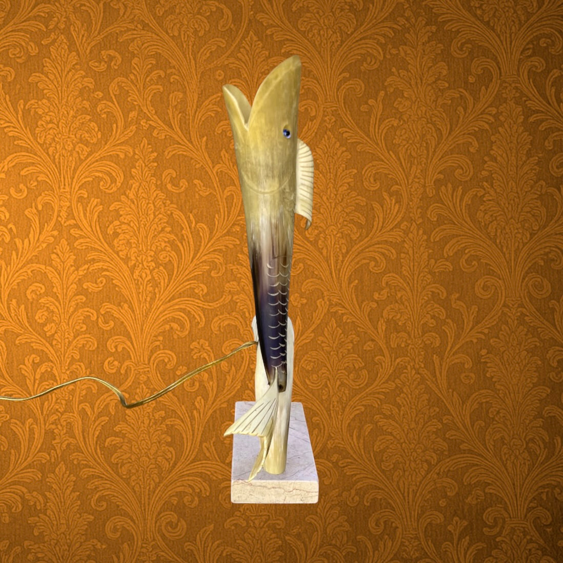 Ancienne Lampe Poisson en Corne sur Socle en Marbre - Années 60
