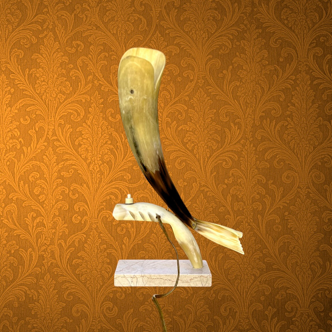 Ancienne Lampe Poisson en Corne sur Socle en Marbre - Années 60