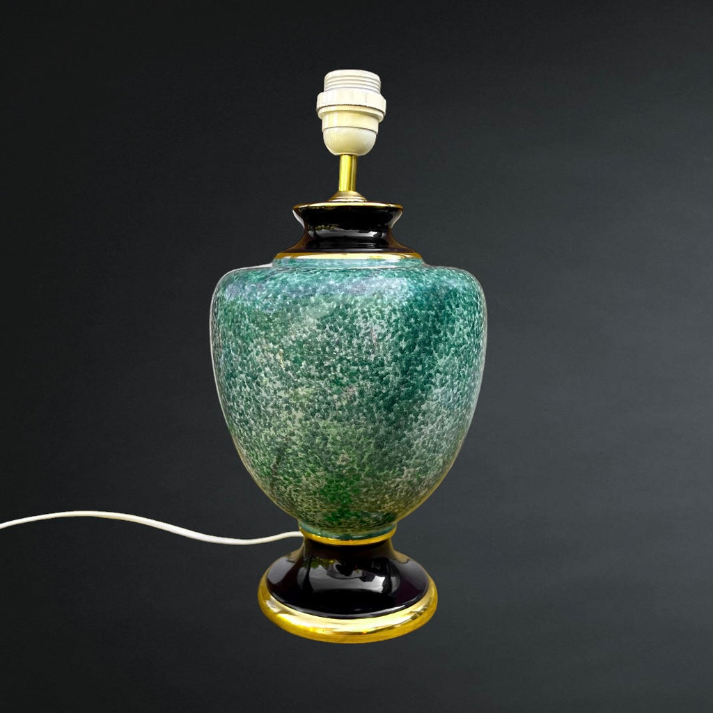 Pied de Lampe  en Céramique Verte Mouchetée Noire et Dorée Années 70 Style Hollywood Regency