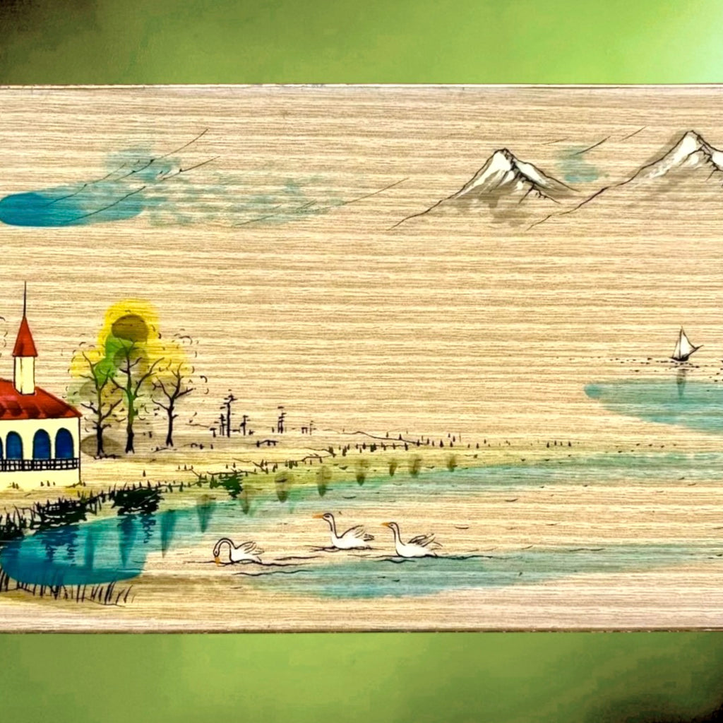 Boîte à Bijoux Musicale Japonaise en Bois Laqué Paysage Peint Main - Années 60