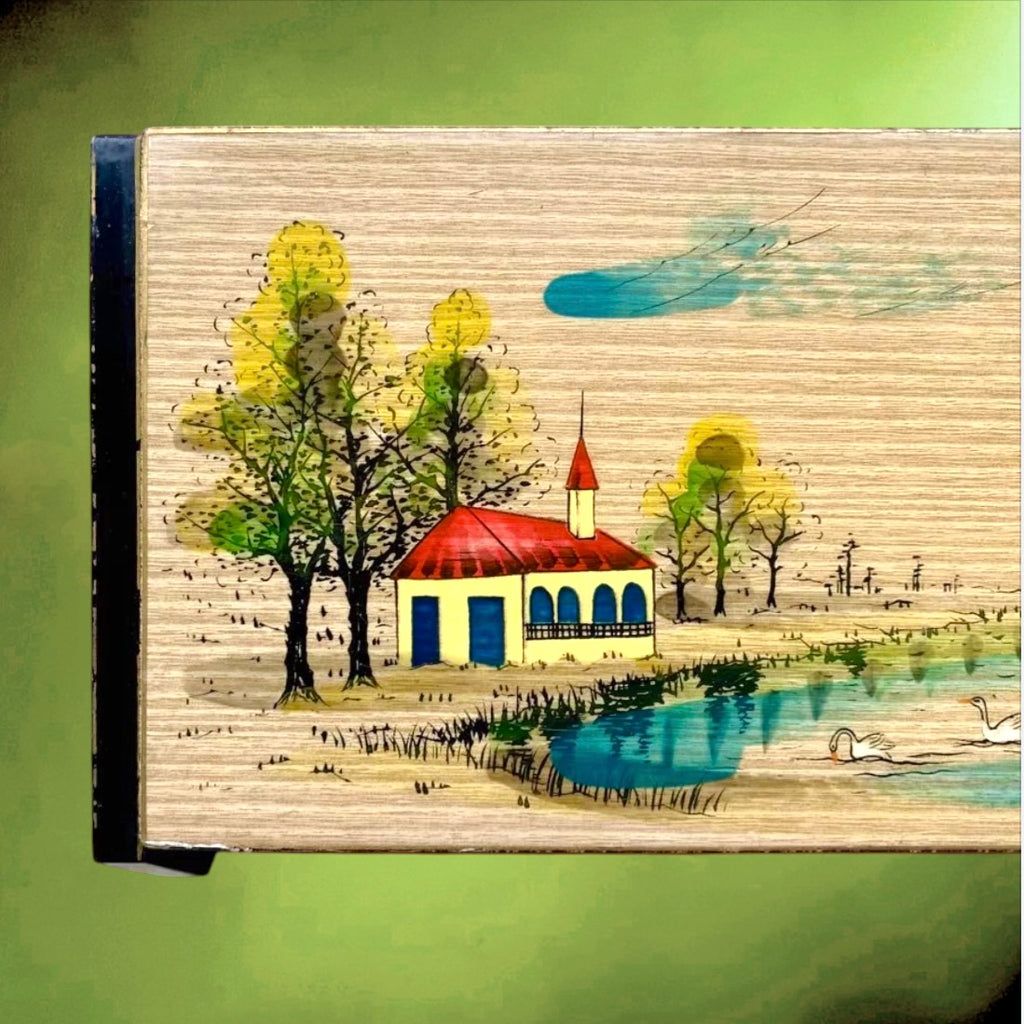 Boîte à Bijoux Musicale Japonaise en Bois Laqué Paysage Peint Main - Années 60