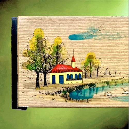 Boîte à Bijoux Musicale Japonaise en Bois Laqué Paysage Peint Main - Années 60