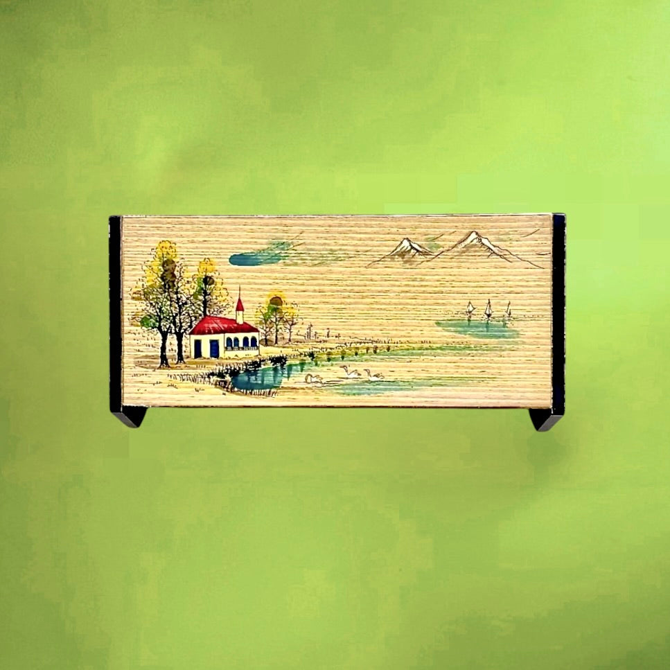 Boîte à Bijoux Musicale Japonaise en Bois Laqué Paysage Peint Main - Années 60