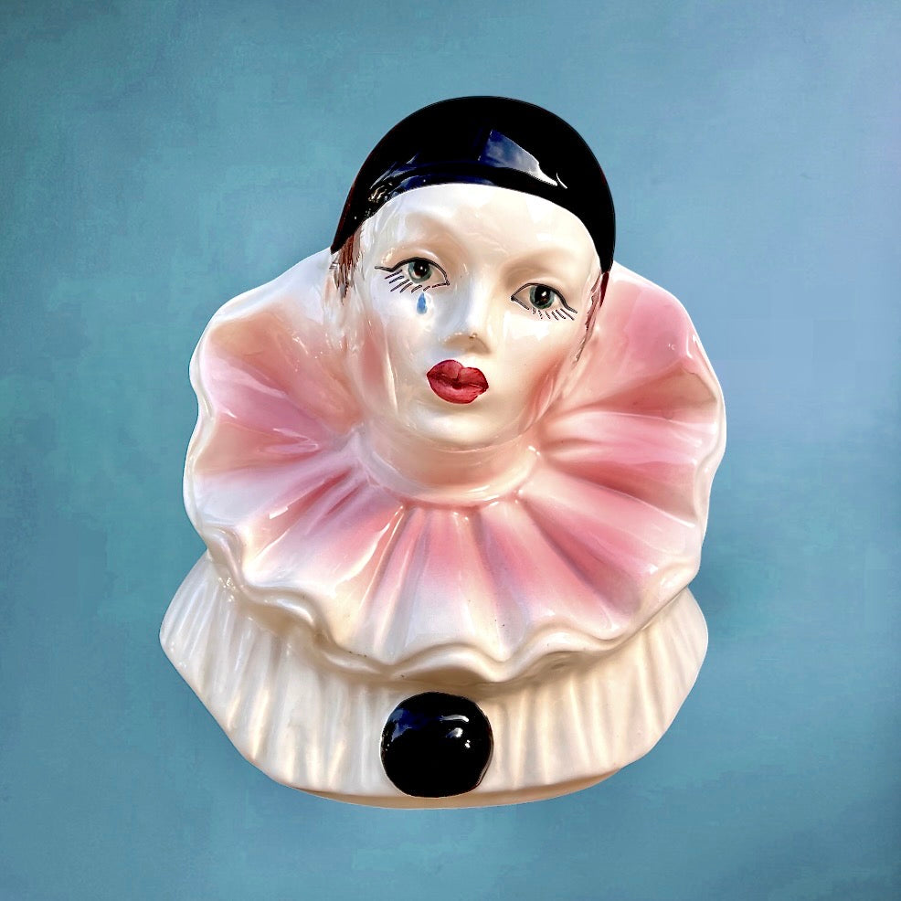 Ancienne Tirelire Pierrot en Céramique Blanche Rose et Noire Années 80