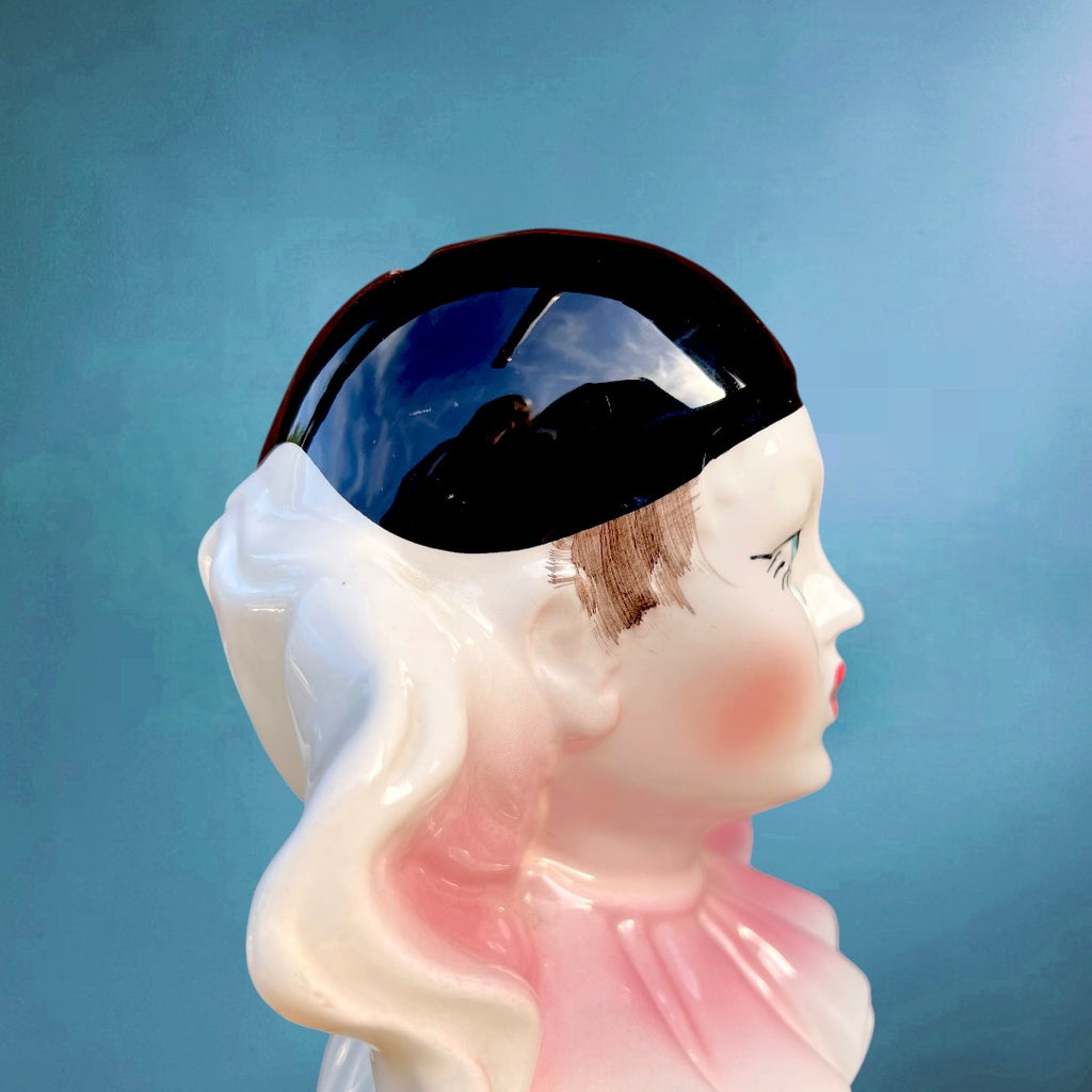 Ancienne Tirelire Pierrot en Céramique Blanche Rose et Noire Années 80