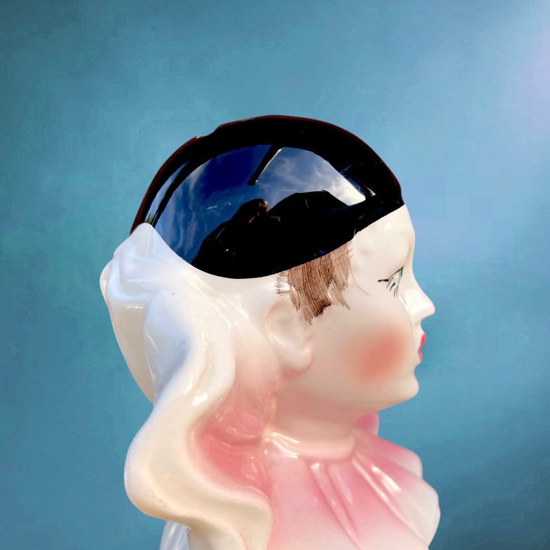 Ancienne Tirelire Pierrot en Céramique Blanche Rose et Noire Années 80