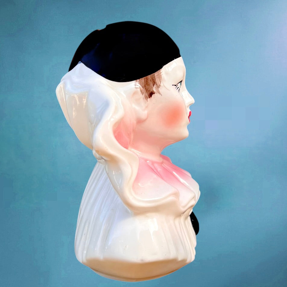 Ancienne Tirelire Pierrot en Céramique Blanche Rose et Noire Années 80