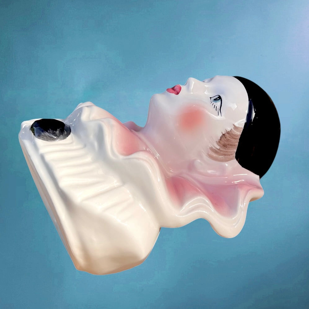 Ancienne Tirelire Pierrot en Céramique Blanche Rose et Noire Années 80