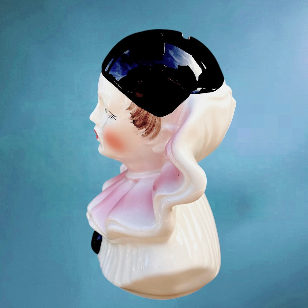 Ancienne Tirelire Pierrot en Céramique Blanche Rose et Noire Années 80