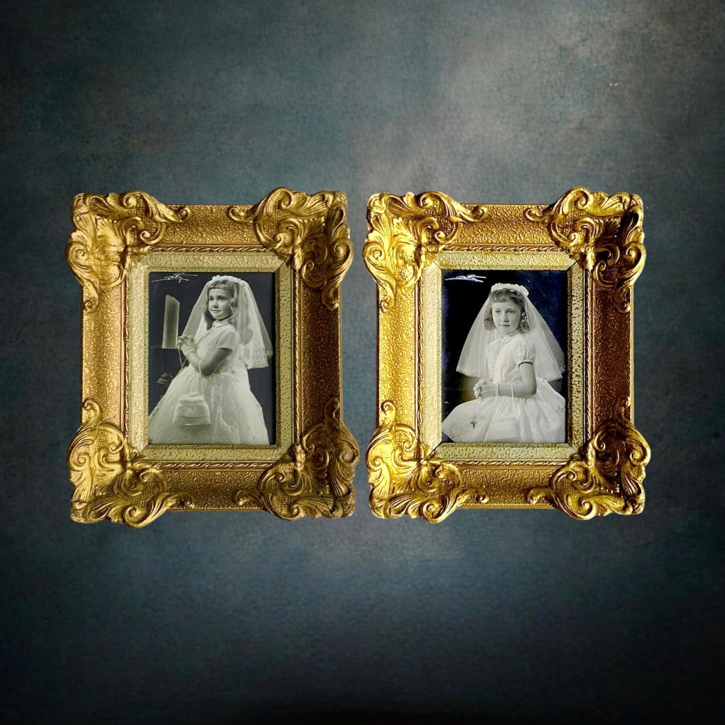 paire-cadres-anciens-dorés-portraits-communiantes