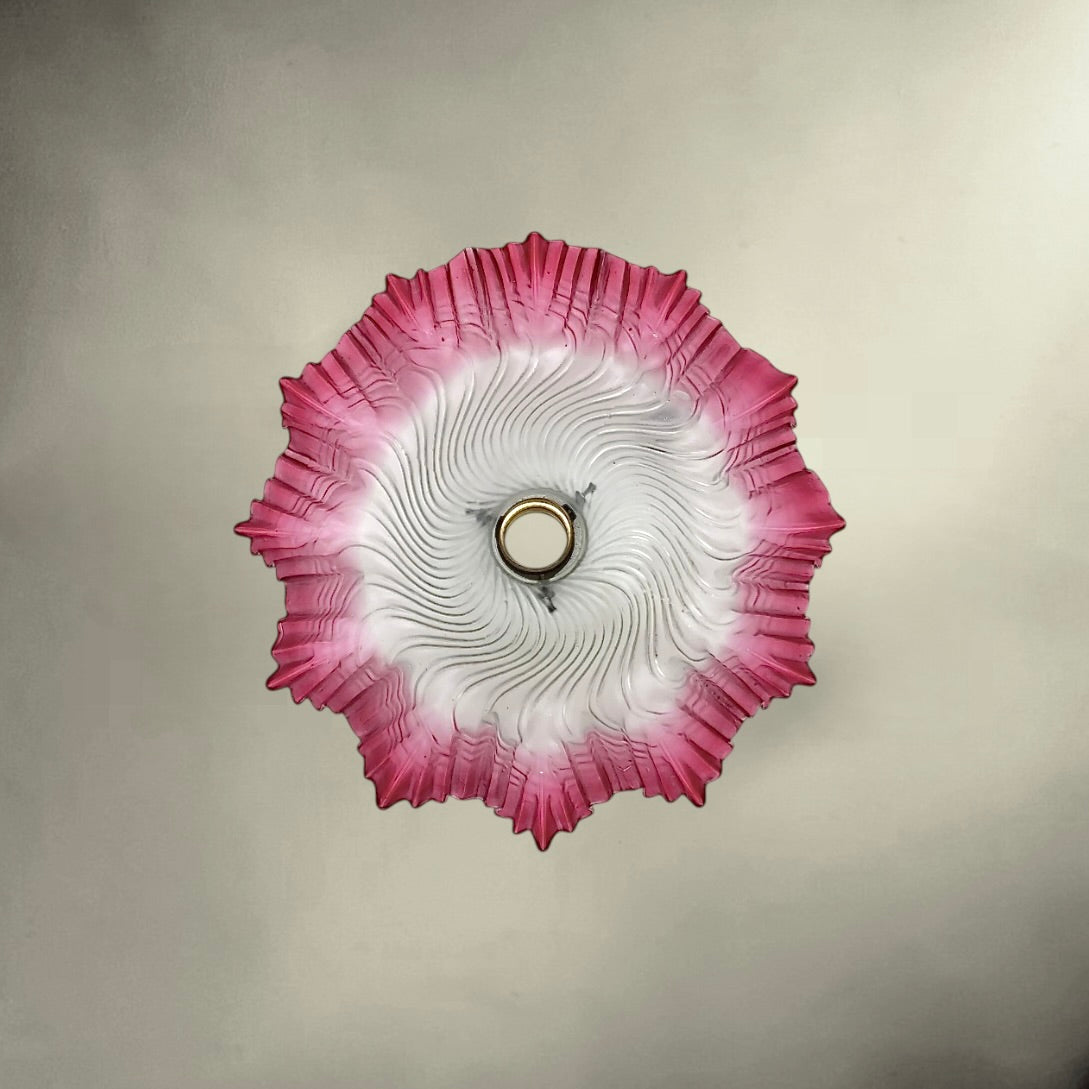 Ancien Abat-jour de Plafonnier en Verre Rose Ondulé et Verre Satiné - années 30 50