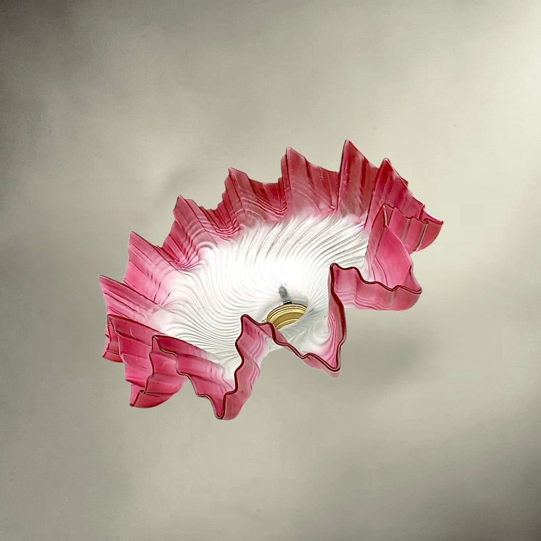 Ancien Abat-jour de Plafonnier en Verre Rose Ondulé et Verre Satiné - années 30 50