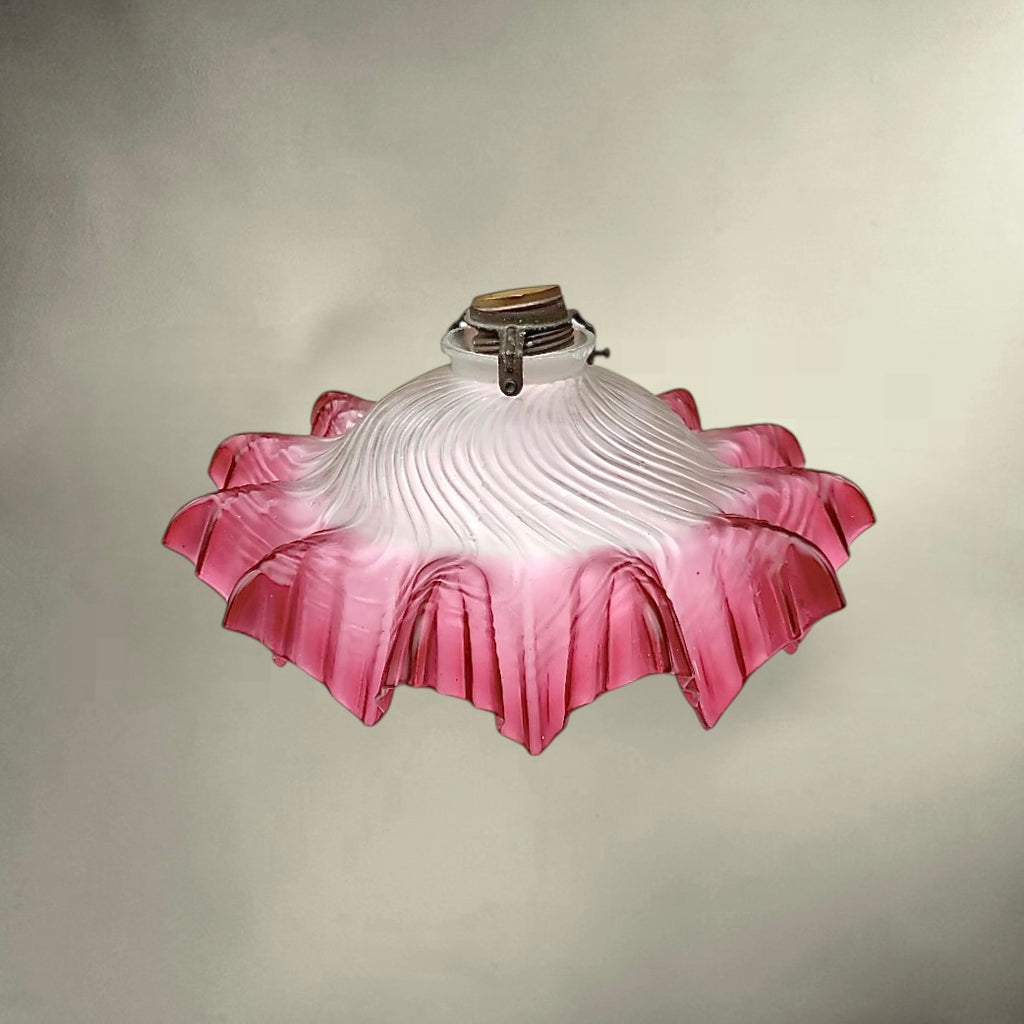 Ancien Abat-jour de Plafonnier en Verre Rose Ondulé et Verre Satiné - années 30 50