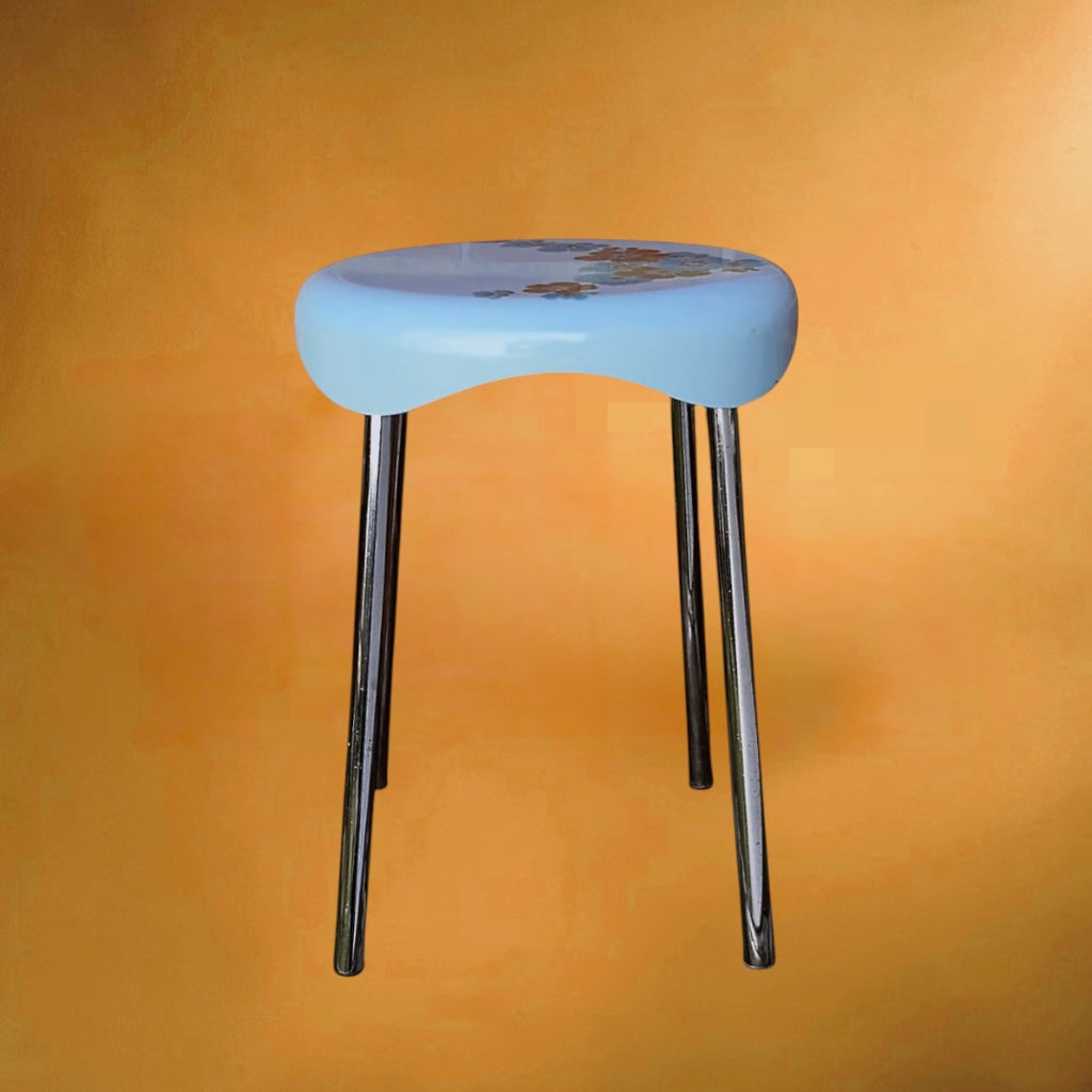 Tabouret Plastic Press en ABS Bleu à Décor Floral - Made in Italy - années 70