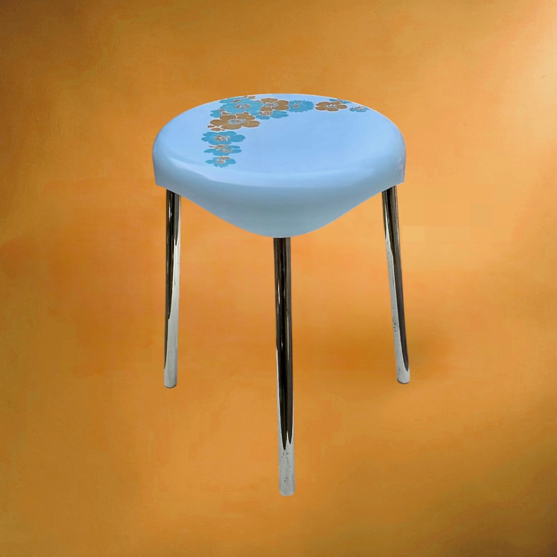 Tabouret Plastic Press en ABS Bleu à Décor Floral - Made in Italy - années 70
