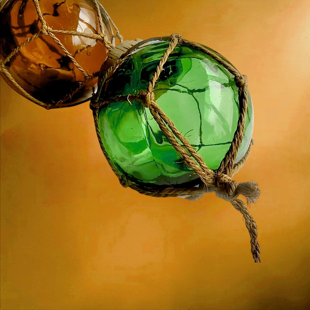 Ancien Flotteur De Pêche Triple Verre Soufflé Corde Liège Maritime
