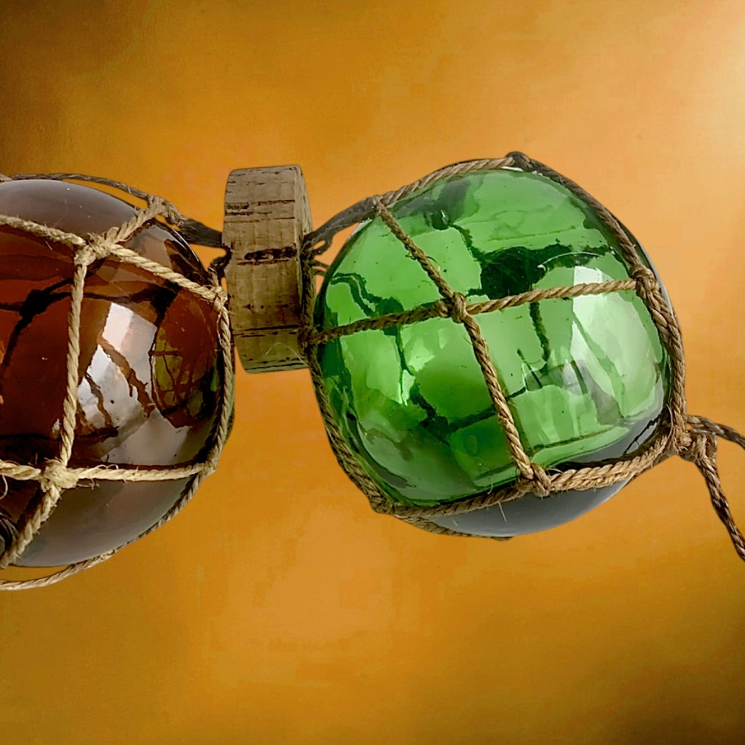 Ancien Flotteur De Pêche Triple Verre Soufflé Corde Liège Maritime