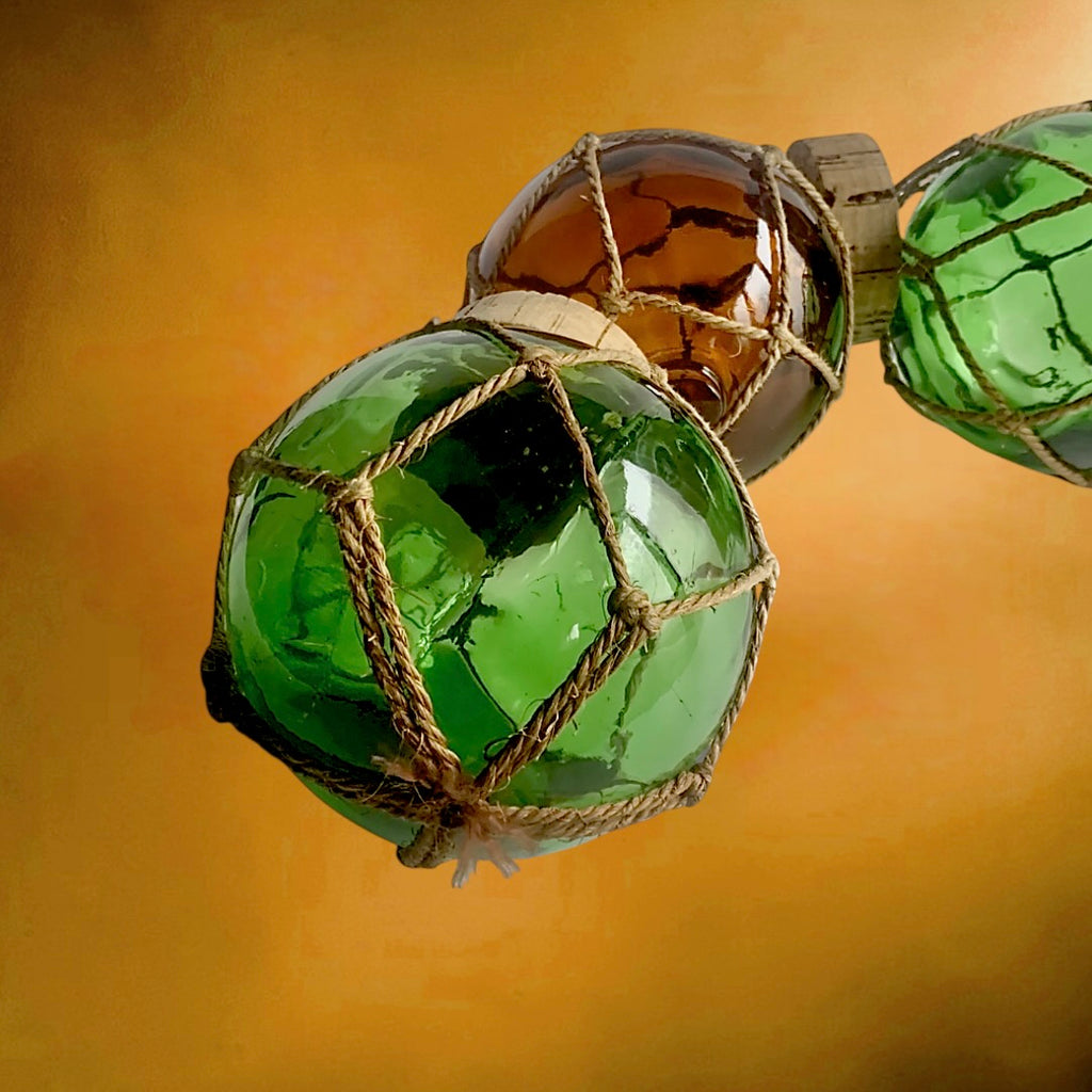Ancien Flotteur De Pêche Triple Verre Soufflé Corde Liège Maritime