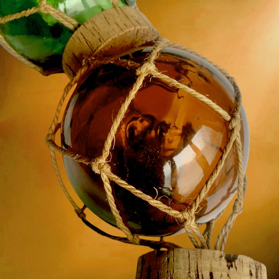 Ancien Flotteur De Pêche Triple Verre Soufflé Corde Liège Maritime