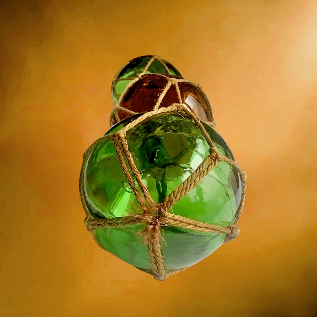 Ancien Flotteur De Pêche Triple Verre Soufflé Corde Liège Maritime