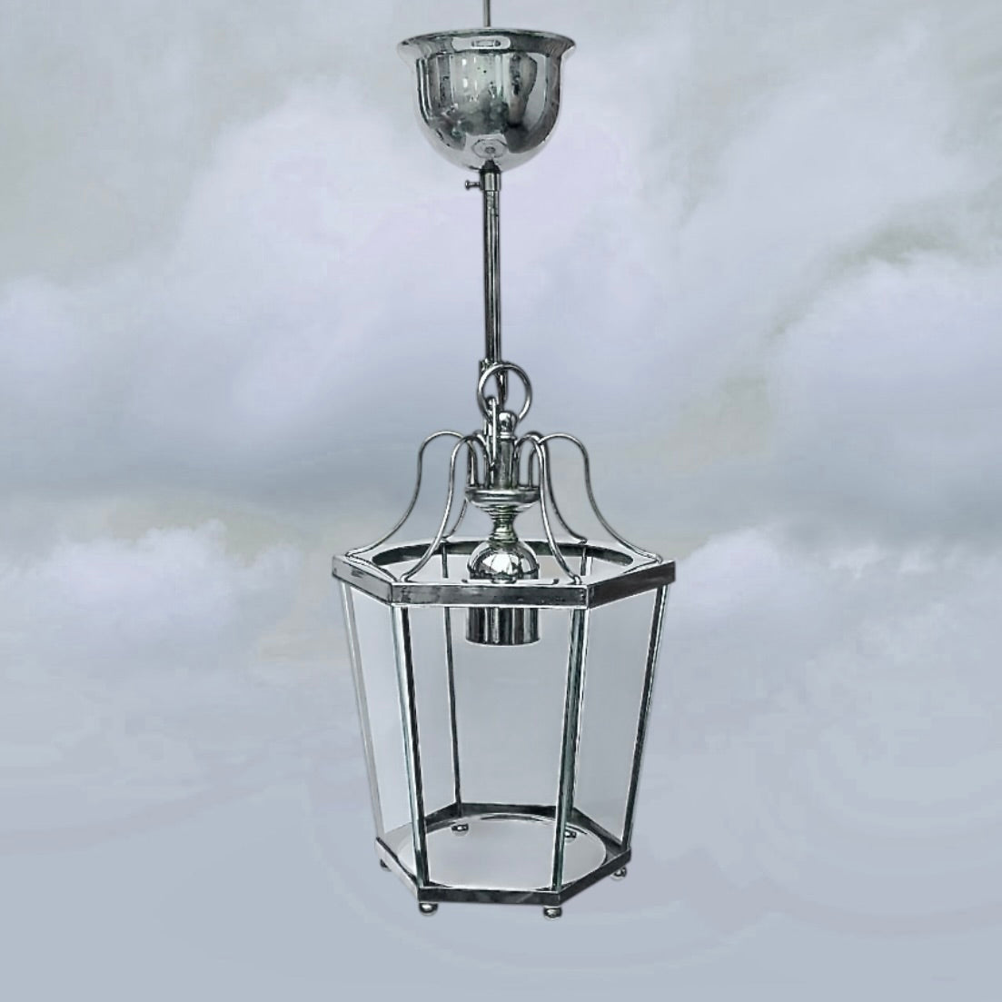 Ancienne Suspension Lanterne Massive Belgique Chrome Verre Hexagonale Années 80