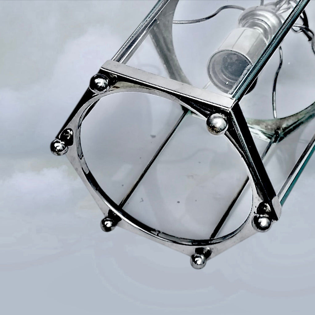 Ancienne Suspension Lanterne Massive Belgique Chrome Verre Hexagonale Années 80