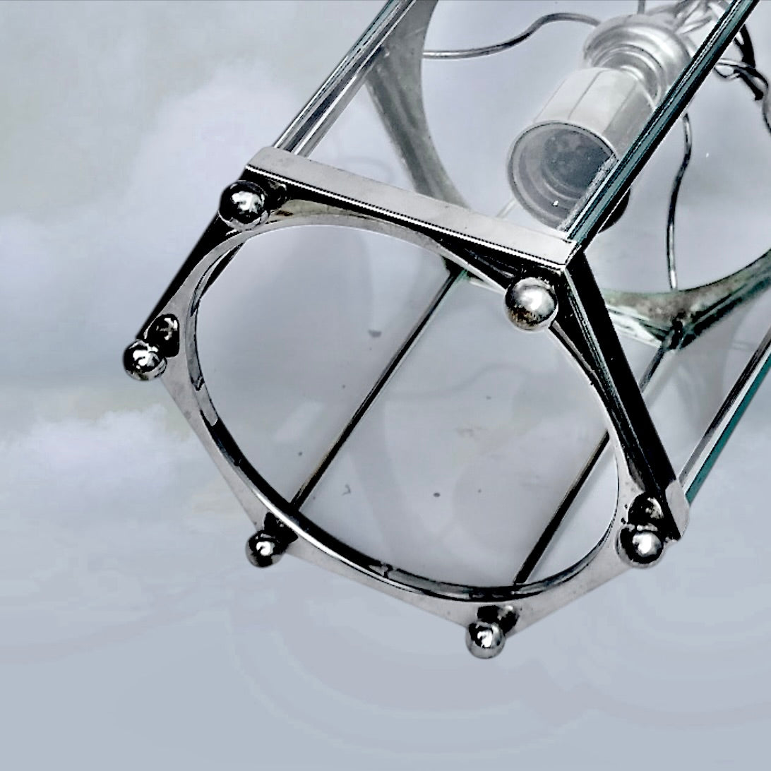 Ancienne Suspension Lanterne Massive Belgique Chrome Verre Hexagonale Années 80