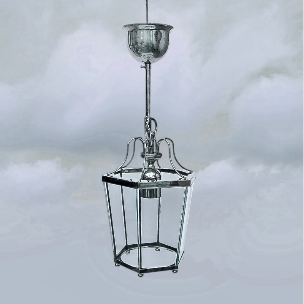 Ancienne Suspension Lanterne Massive Belgique Chrome Verre Hexagonale Années 80