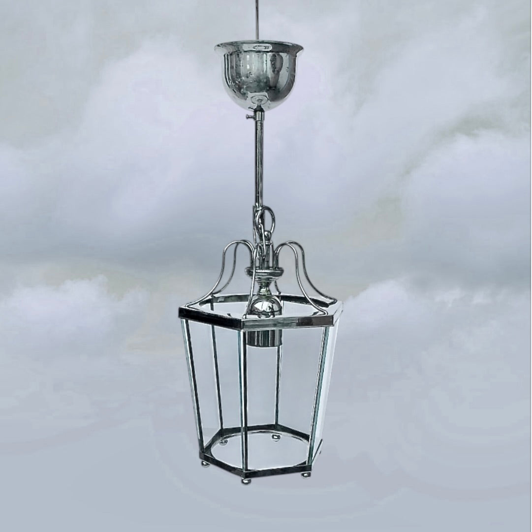 Ancienne Suspension Lanterne Massive Belgique Chrome Verre Hexagonale Années 80