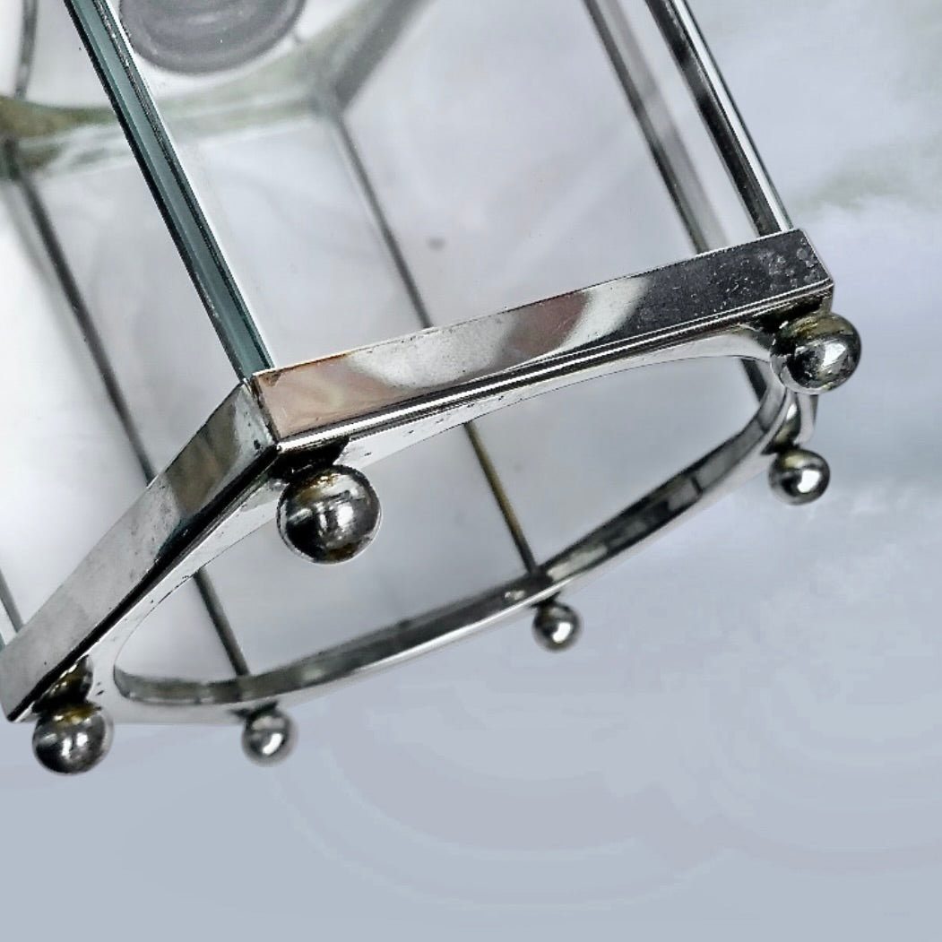 Ancienne Suspension Lanterne Massive Belgique Chrome Verre Hexagonale Années 80